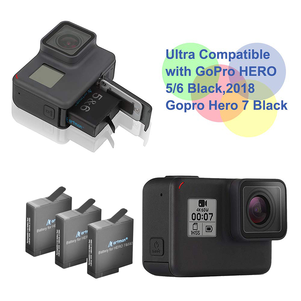 Duchess Korean Wardrobe Artman GoPro Hero 5/6/7 1480mah Replacement Batteries (2 Pack) and  3-Channel LED USB Charger