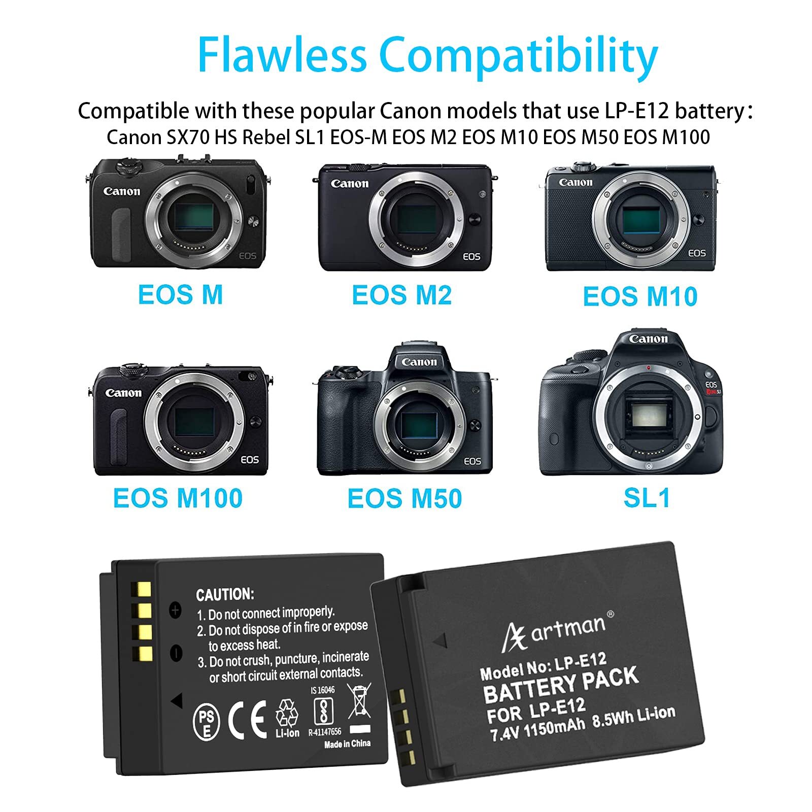 Lot De 2 Batteries LP-E12 1200 MAh - Compatible Canon EOS M50 Mark II, M50, M100, M200, Rebel SL1, PowerShot SX70 HS, Etc.