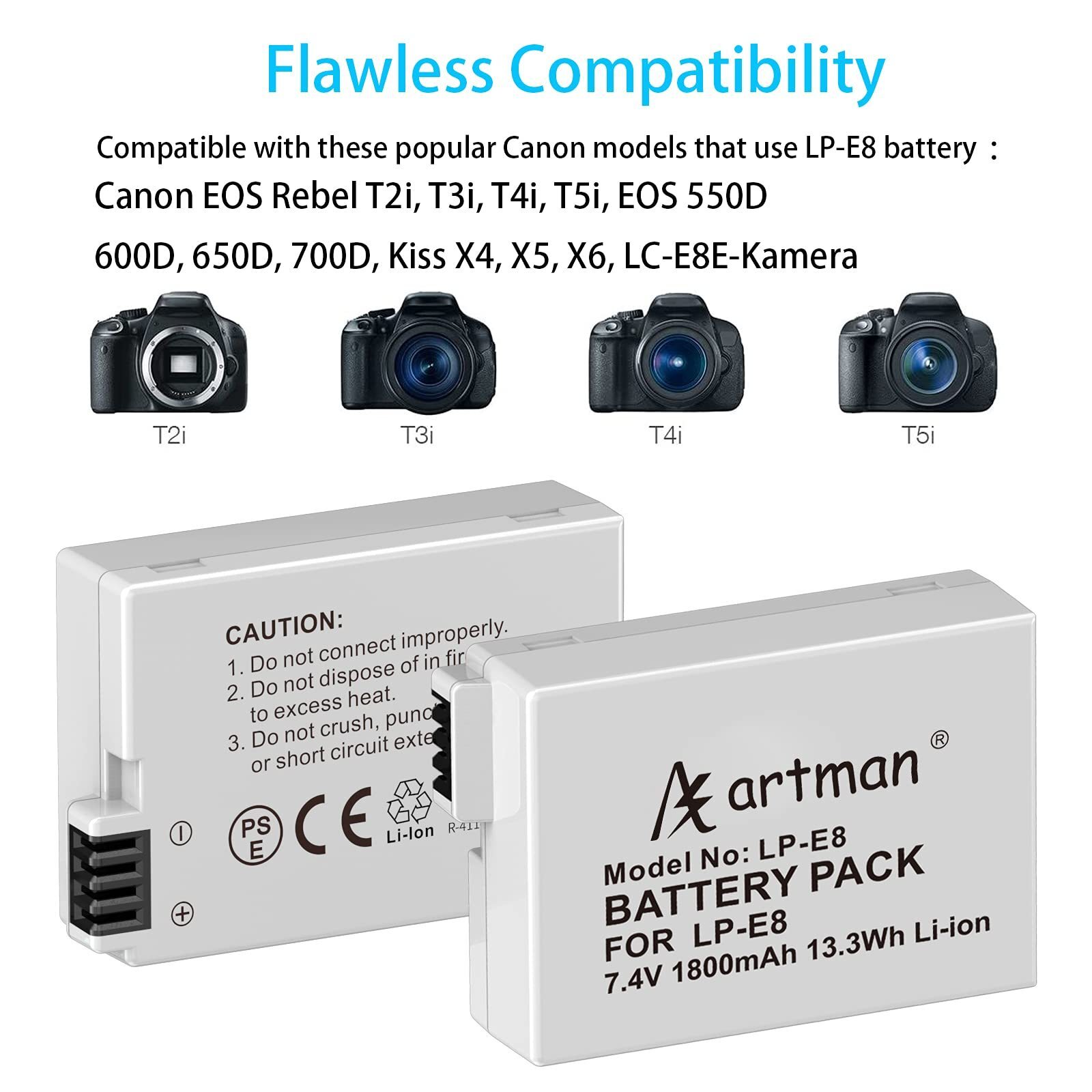 2 Batteries LP-E8 Compatibles Canon Rebel T2i, T3i, T4i, T5i, 550D, 600D, 700D – 1900 MAh - 4