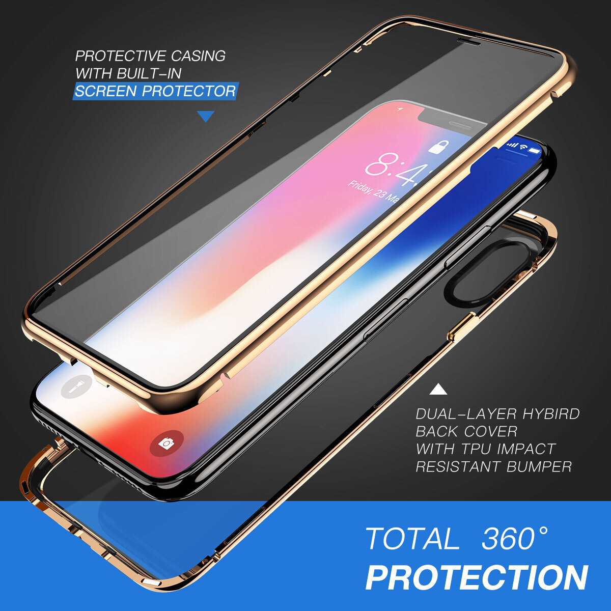 Iphone X Xs Case Zhike Magnetic Absorption Front And Back Tempered Glass Case Golden