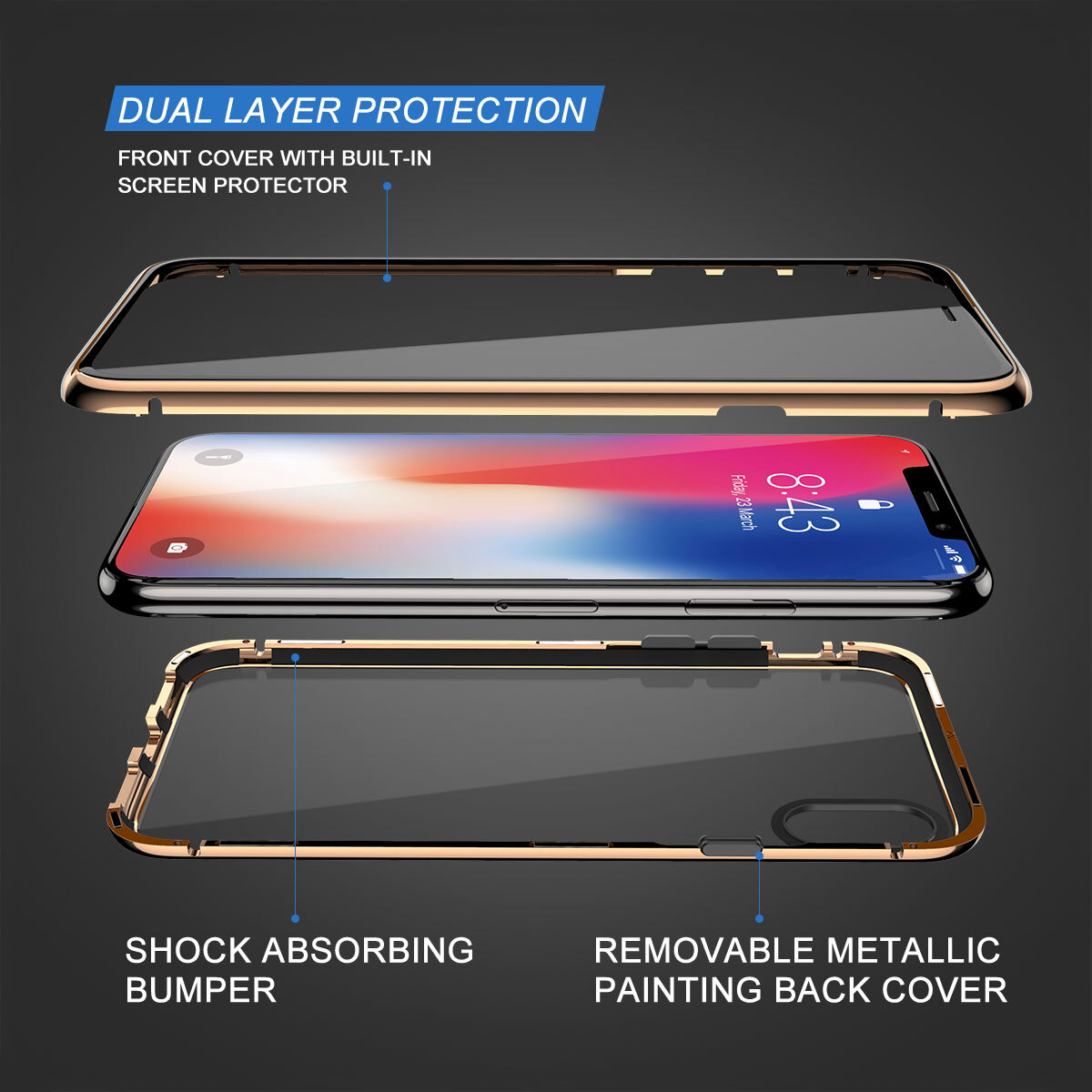 Iphone X Xs Case Zhike Magnetic Absorption Front And Back Tempered Glass Case Golden