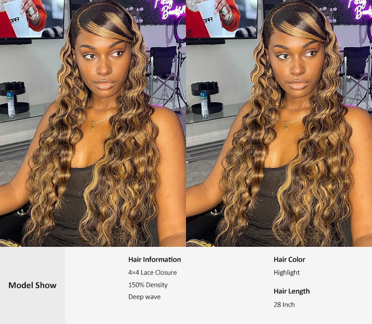 VIYA 4*4 Highlight Deep wave Transparent Lace Frontal Wig Hot Sale 100% Human Hair for Black Women VIYA Deep wave Highlight 4*4  Lace Frontal Wig 18''-30'' Hair Extensions Human Hair For Women VIYA highlight wig,VIYA 100% human hair,human hair for women,Best highlight body wave wig,cheap wigs