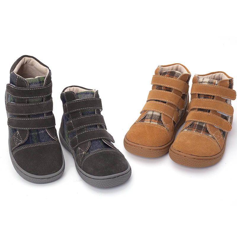 Kids Plaid Ankle Boots Spring Autumn Genuine Leather Barefoot Shoes