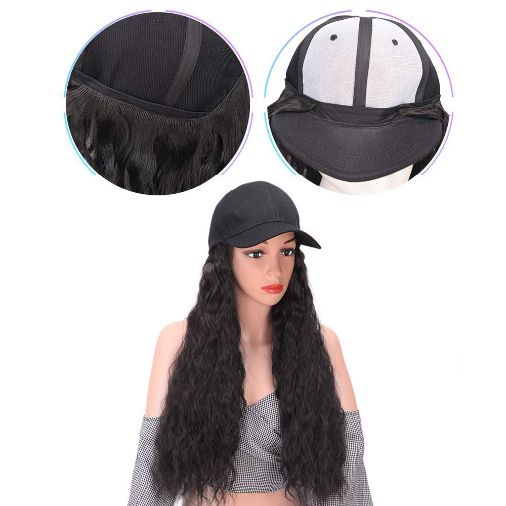 Synthetic-Long-Wave-Baseball-Cap-with-Hair-Brown-Black-Wavy-Women-Wig ...