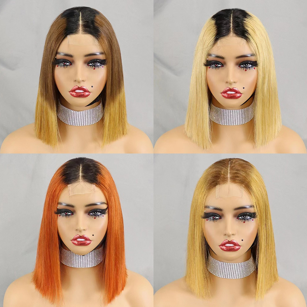 Glueless Double Drawn 12A 350% Density Bone Straight Bob Human Hair Wig Highlight Ombre Hair 2x6 HD Lace Closure Frontal Wigs  