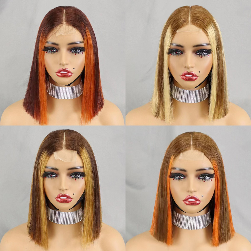 Glueless Double Drawn 12A 350% Density Bone Straight Bob Human Hair Wig Highlight Ombre Hair 2x6 HD Lace Closure Frontal Wigs  