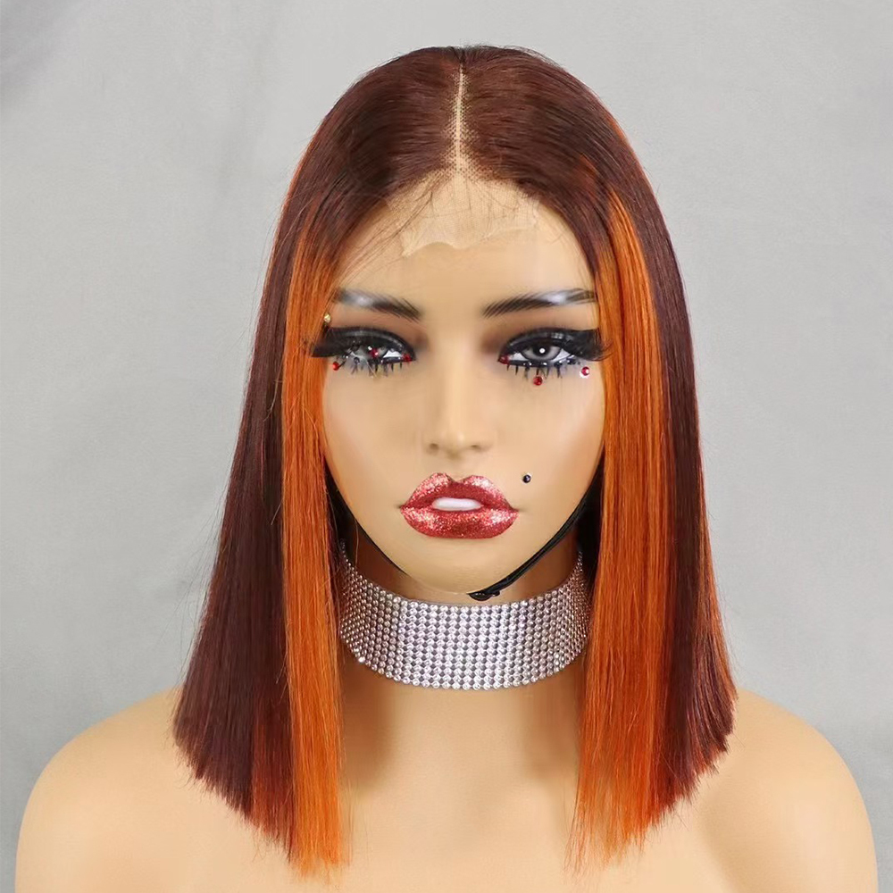 Glueless Double Drawn 12A 350% Density Bone Straight Bob Human Hair Wig Highlight Ombre Hair 2x6 HD Lace Closure Frontal Wigs  