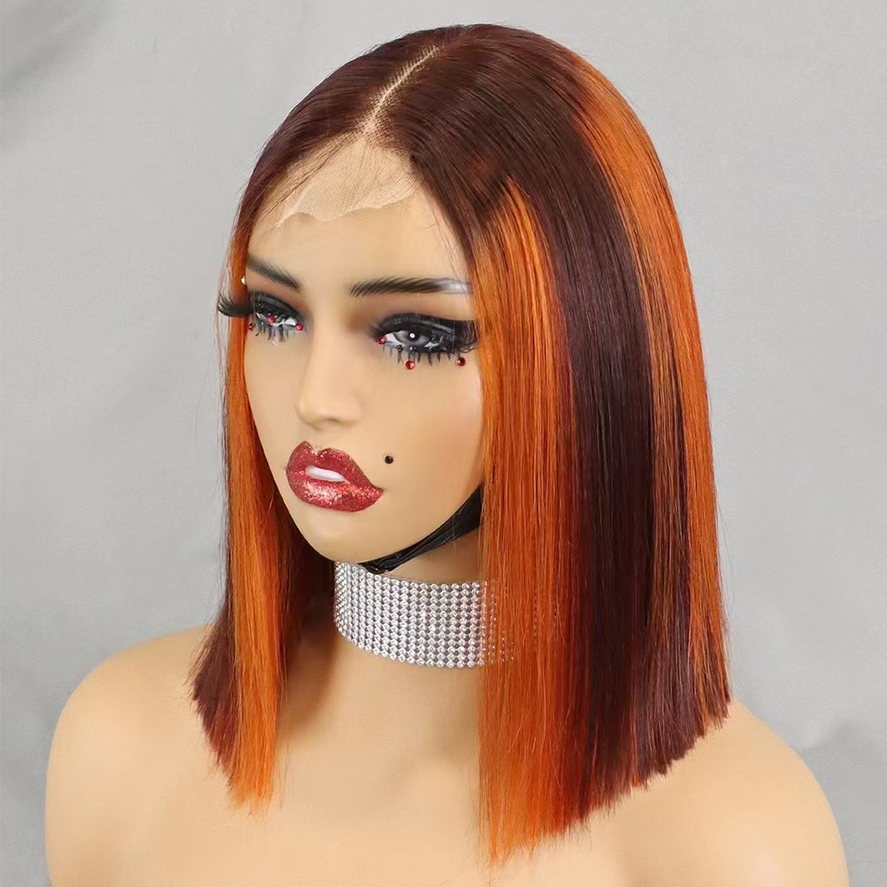 Glueless Double Drawn 12A 350% Density Bone Straight Bob Human Hair Wig Highlight Ombre Hair 2x6 HD Lace Closure Frontal Wigs  