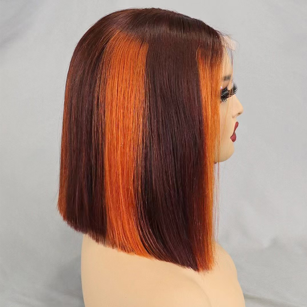 Glueless Double Drawn 12A 350% Density Bone Straight Bob Human Hair Wig Highlight Ombre Hair 2x6 HD Lace Closure Frontal Wigs  