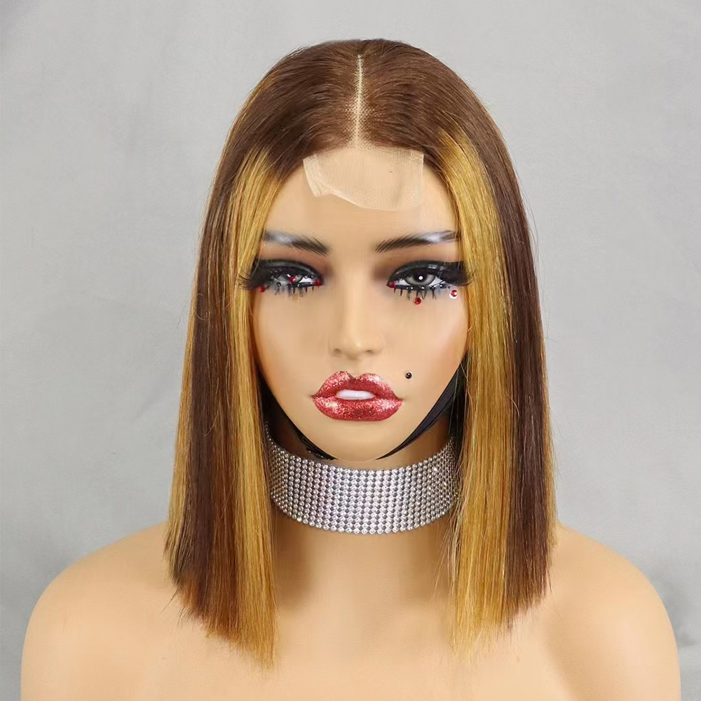 Glueless Double Drawn 12A 350% Density Bone Straight Bob Human Hair Wig Highlight Ombre Hair 2x6 HD Lace Closure Frontal Wigs  
