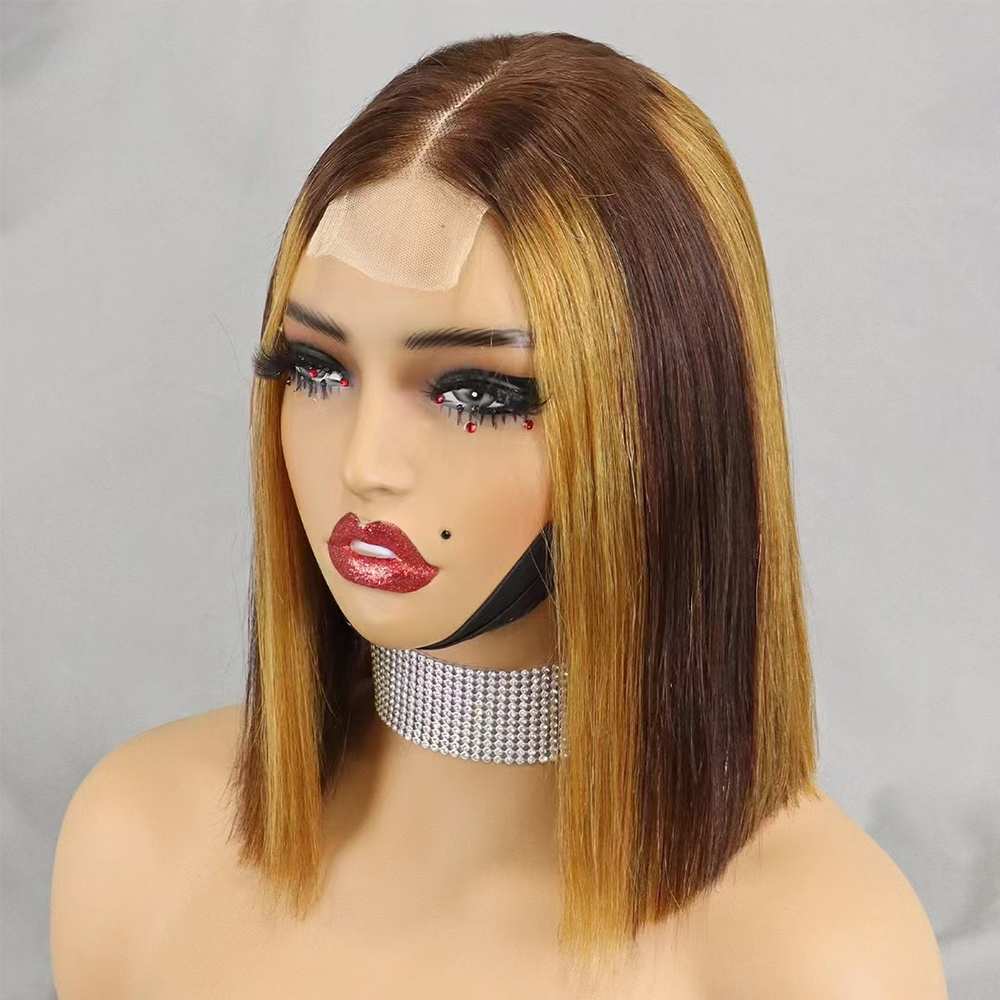 Glueless Double Drawn 12A 350% Density Bone Straight Bob Human Hair Wig Highlight Ombre Hair 2x6 HD Lace Closure Frontal Wigs  