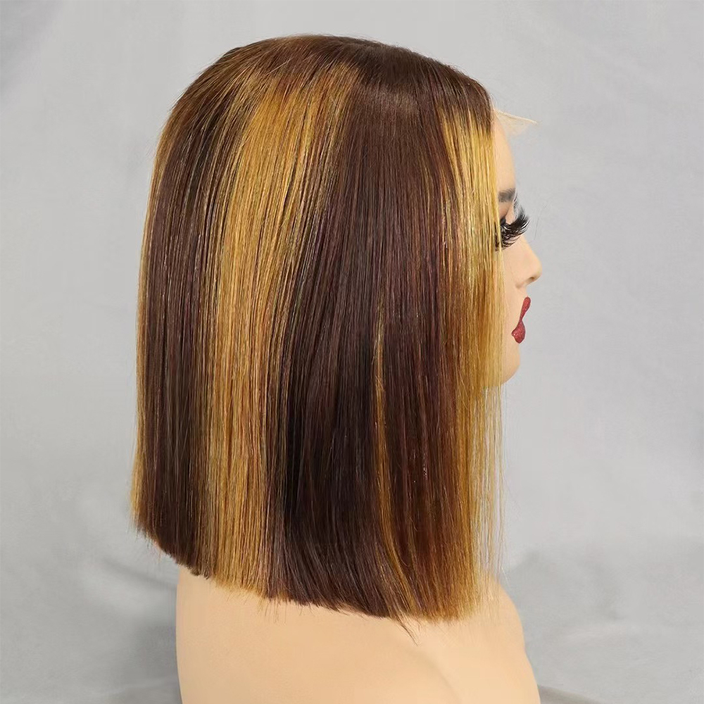 Glueless Double Drawn 12A 350% Density Bone Straight Bob Human Hair Wig Highlight Ombre Hair 2x6 HD Lace Closure Frontal Wigs  