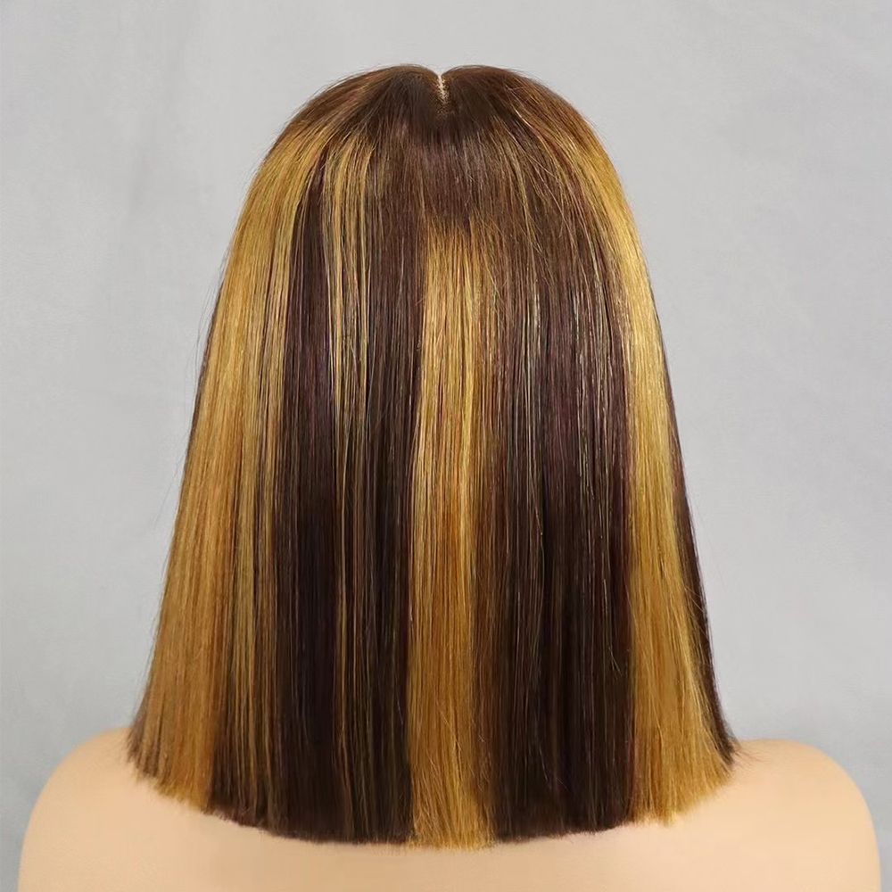 Glueless Double Drawn 12A 350% Density Bone Straight Bob Human Hair Wig Highlight Ombre Hair 2x6 HD Lace Closure Frontal Wigs  