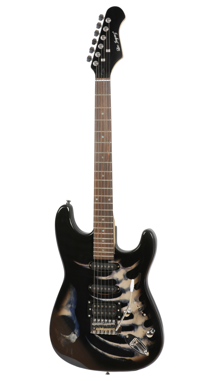 Leo Jaymz 39" Full Size ST Style Electric Guitar Black Skull Sticker Graphic Design HSS