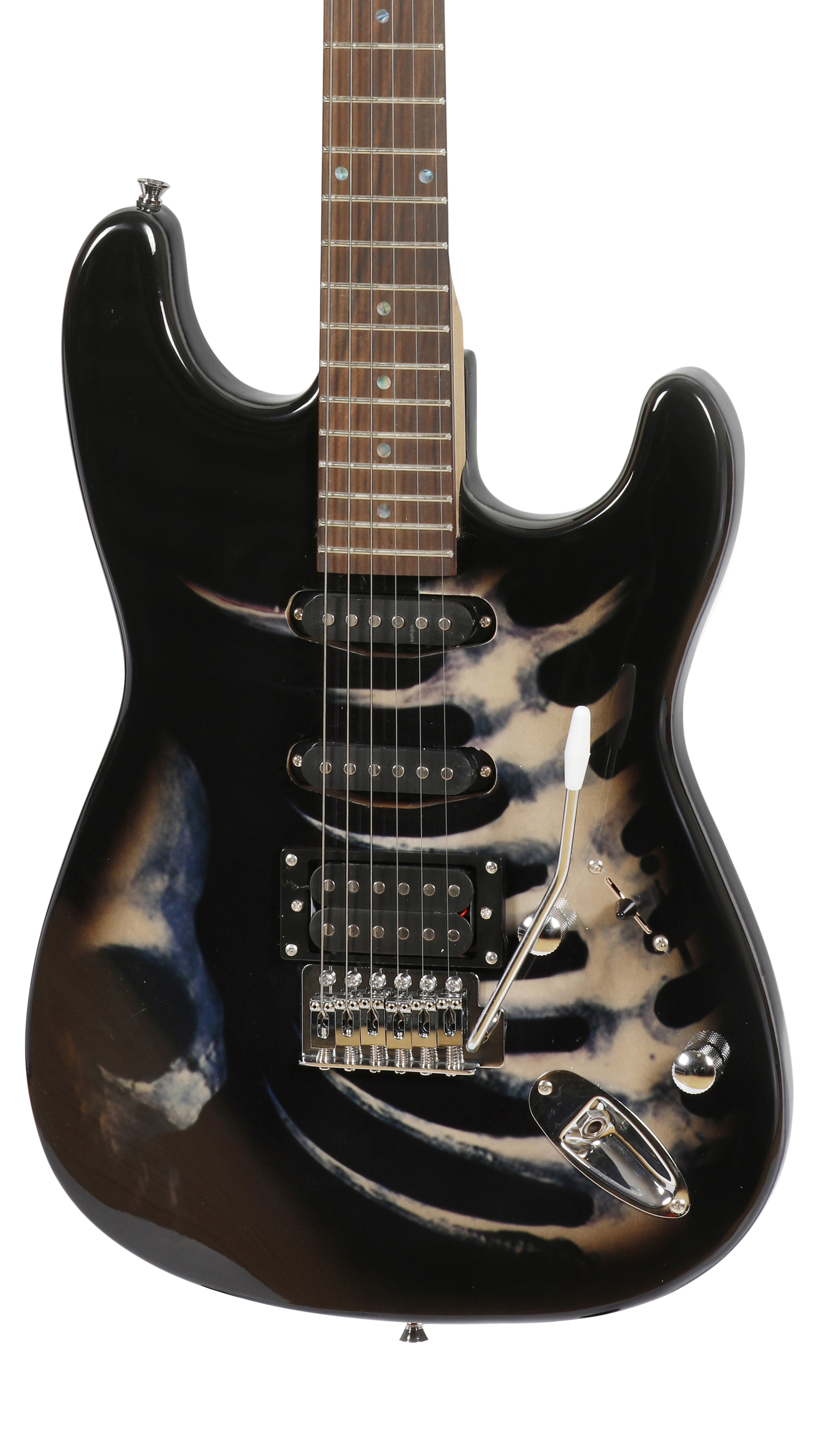 Leo Jaymz 39" Full Size ST Style Electric Guitar Black Skull Sticker Graphic Design HSS