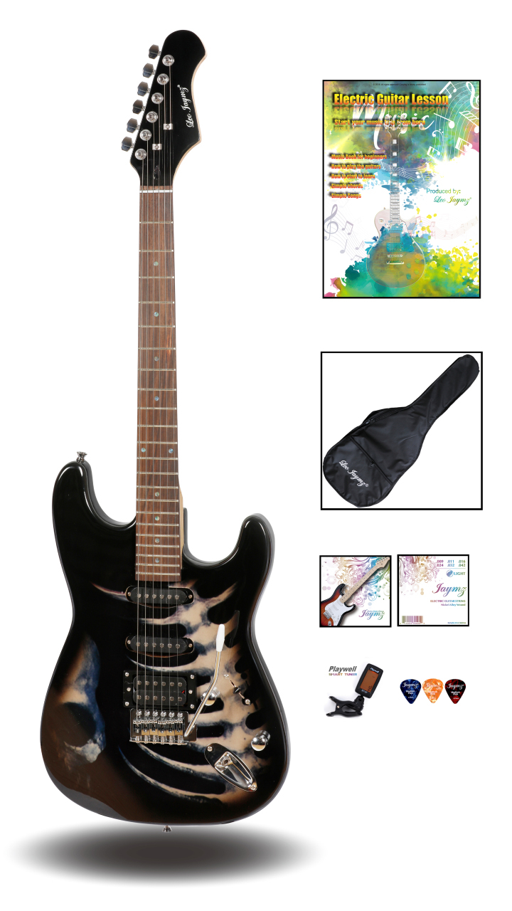 Leo Jaymz 39" Full Size ST Style Electric Guitar Black Skull Sticker Graphic Design HSS