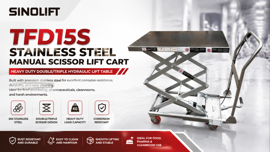 TFD15S Stainless Steel Manual Scissor Lift Cart for Chemical Plants, Warehouses, Printing Facilities and Hygienic Work Areas