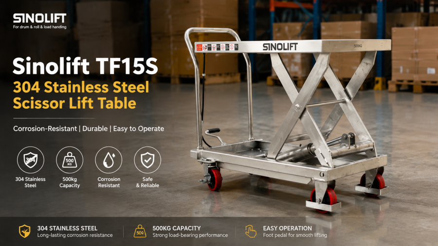 TF15S 304 Stainless Steel Scissor Lift Table for Warehouses, Workshops, Food Processing, Pharmaceutical and Marine Applications