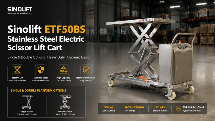 ETF50BS 304 Stainless Steel Electric Scissor Lift Cart for Warehouses, Chemical Plants, Ports and Hygienic Facilities