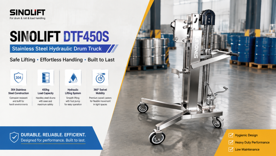 DTF450S Stainless Steel Hydraulic Drum Truck for Food Processing, Pharmaceutical, Chemical and Laboratory Drum Handling