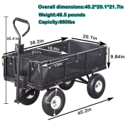 LEADALLWAY Heavy Duty Steel Garden Cart Large Size with Liner and Iron Frame,Steel Frame Dump Cart with Removable Sides,660lbs Capacity Black