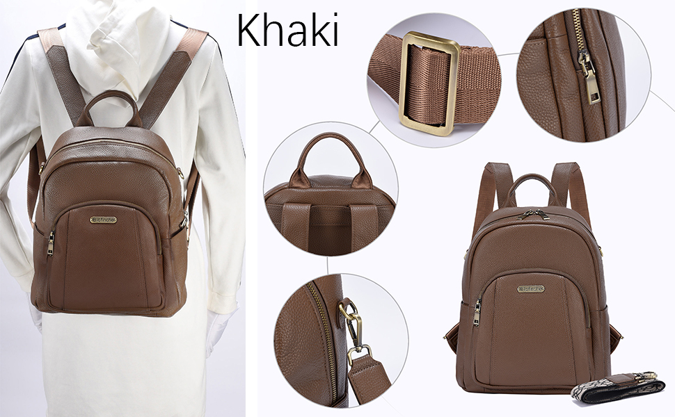 Khaki Genuine Leather Backpack Purse