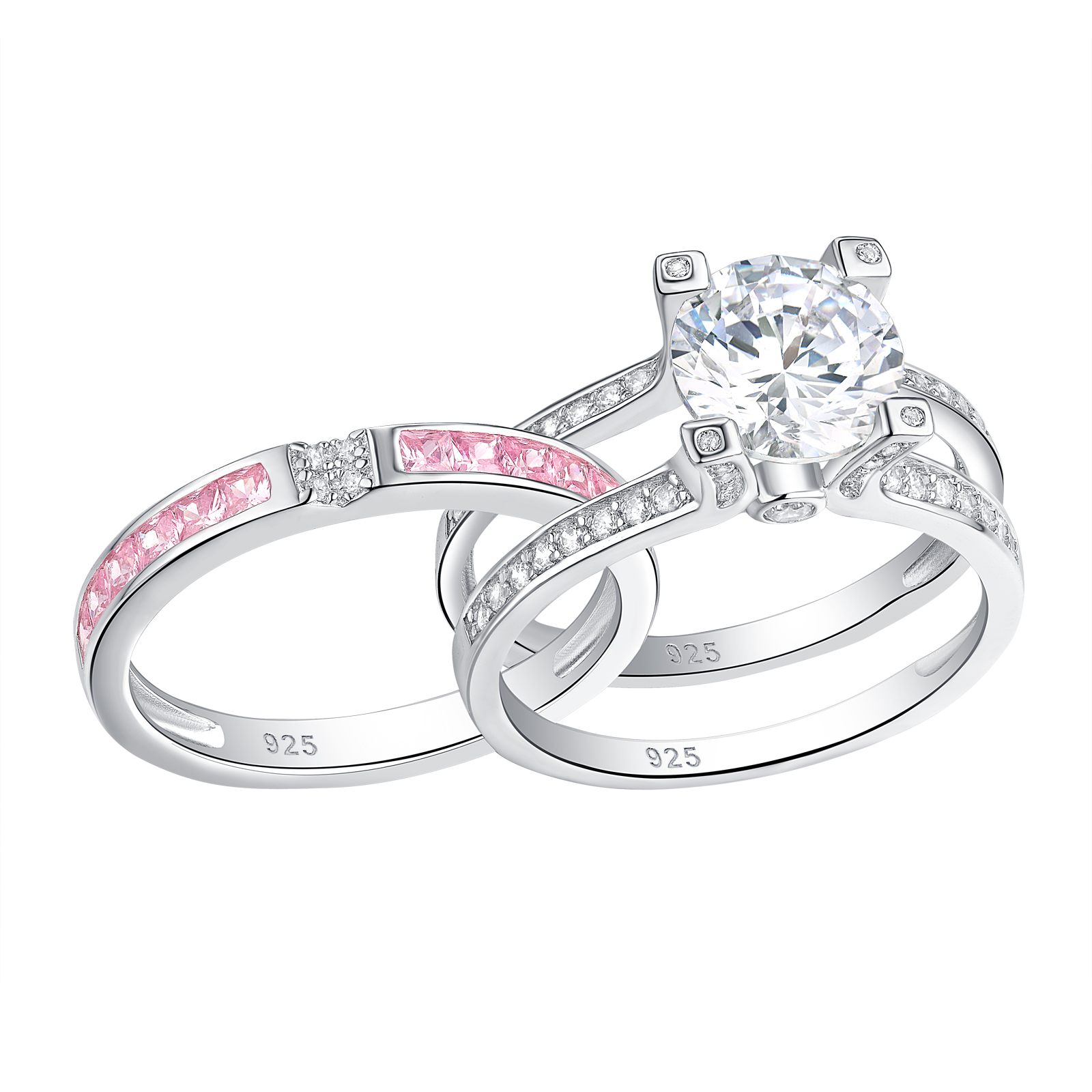 Newshe Wedding Rings for Women Silver CZ Round Pink Ring Guard ...