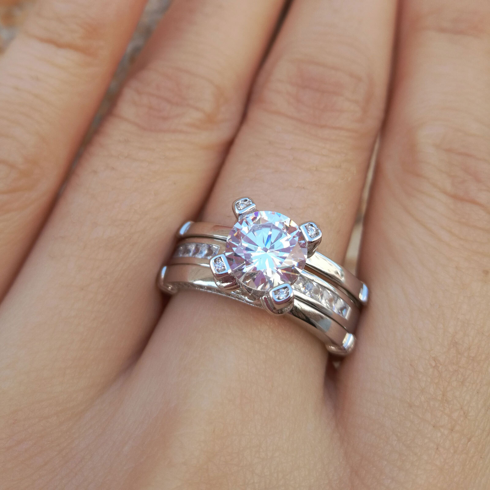 Newshe Wedding Rings for Women Silver Round Solitaire Ring Guard ...