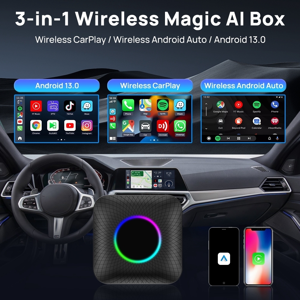 3 in 1 Wireless CarPlay Android Auto AI Box Android 13.0