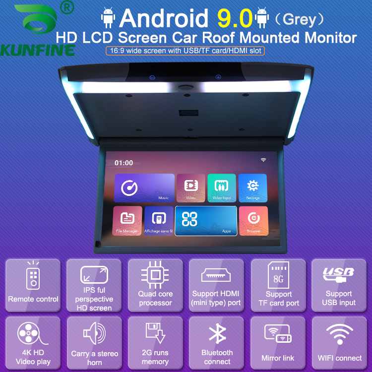 CARAVAN 4K Flip Down Monitor 15.6 Wide Screen High Resolution Roof Mount Monitor with 1080p HDMI&USB Input FM&IR Transmitter （Grey） 