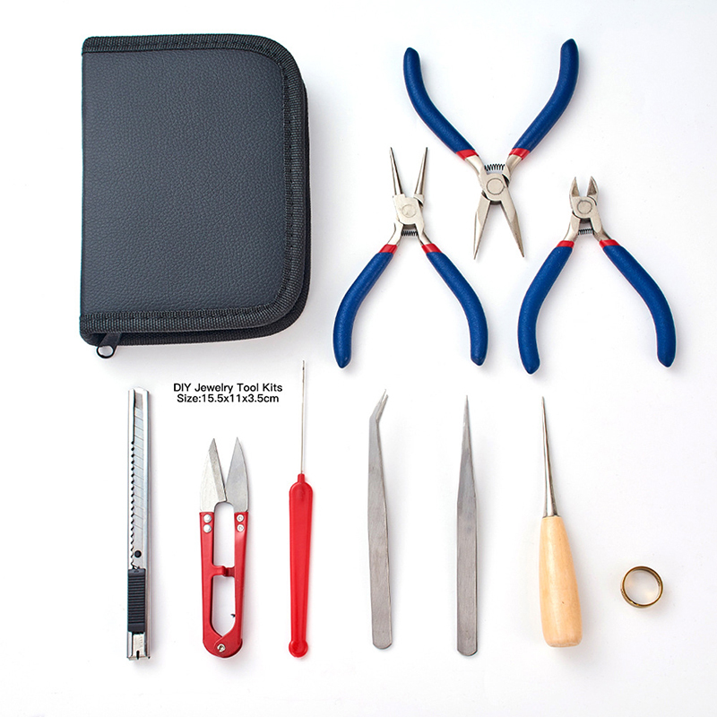 electroplate 10Pcs Jewelry Tool Kit Diy Tools Set for Jewelry Making Repair with Plies Scissor Beading Tweezers and Pins - 6