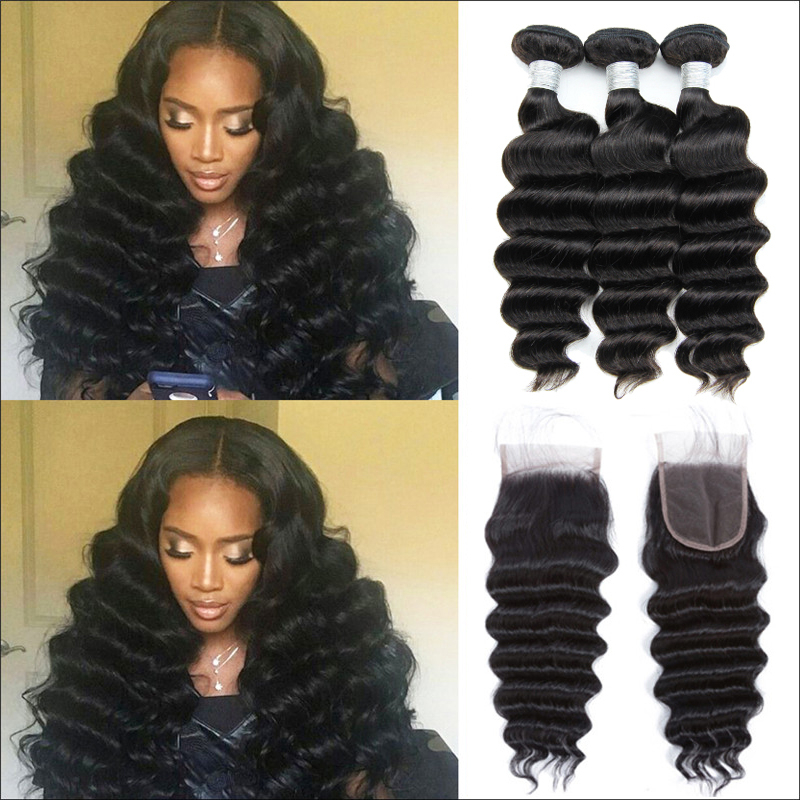 Remy Human Hair 3 Bundles With Closure Loose Deep Wave Virgin Hair