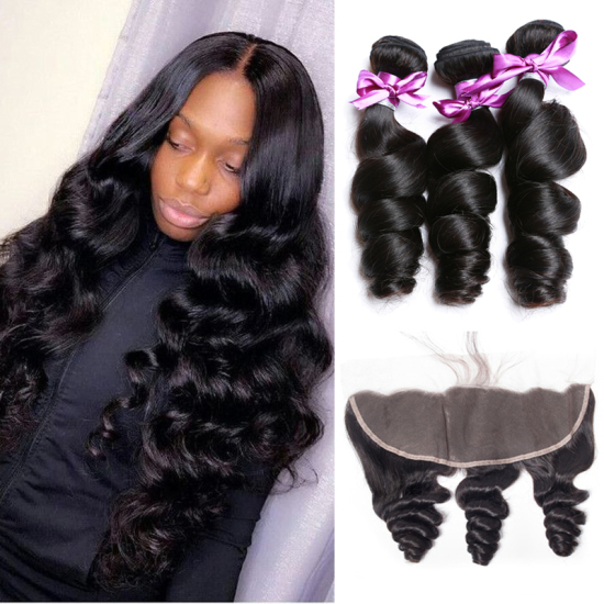 Spring Loose Curly Brazilian Virgin Hair 3 Bundles With Frontal