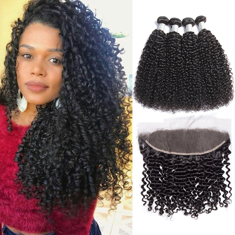 Jingleshair Indian Virgin Hair Curly Wave Weft 4 Bundles With Frontal100 Virgin Human Hair Bundles With 134 Lace Frontal Closure