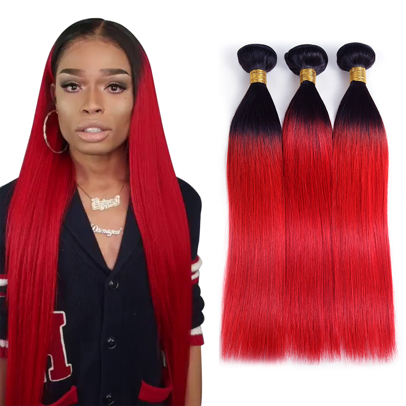 Ombre Straight Hair Weave Bundles Red Human Hair Extensions