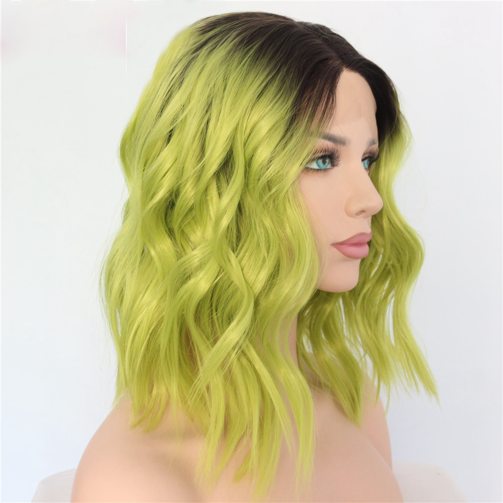 Synthetic Wavy Lace Bob Wigs Ombre Green Dark Roots Half ...