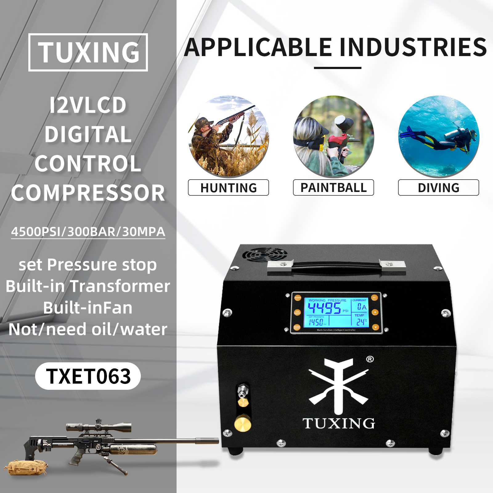 TUXING TXET063 PCP Air Compressor Auto Stop 12V 300Bar Digital Control