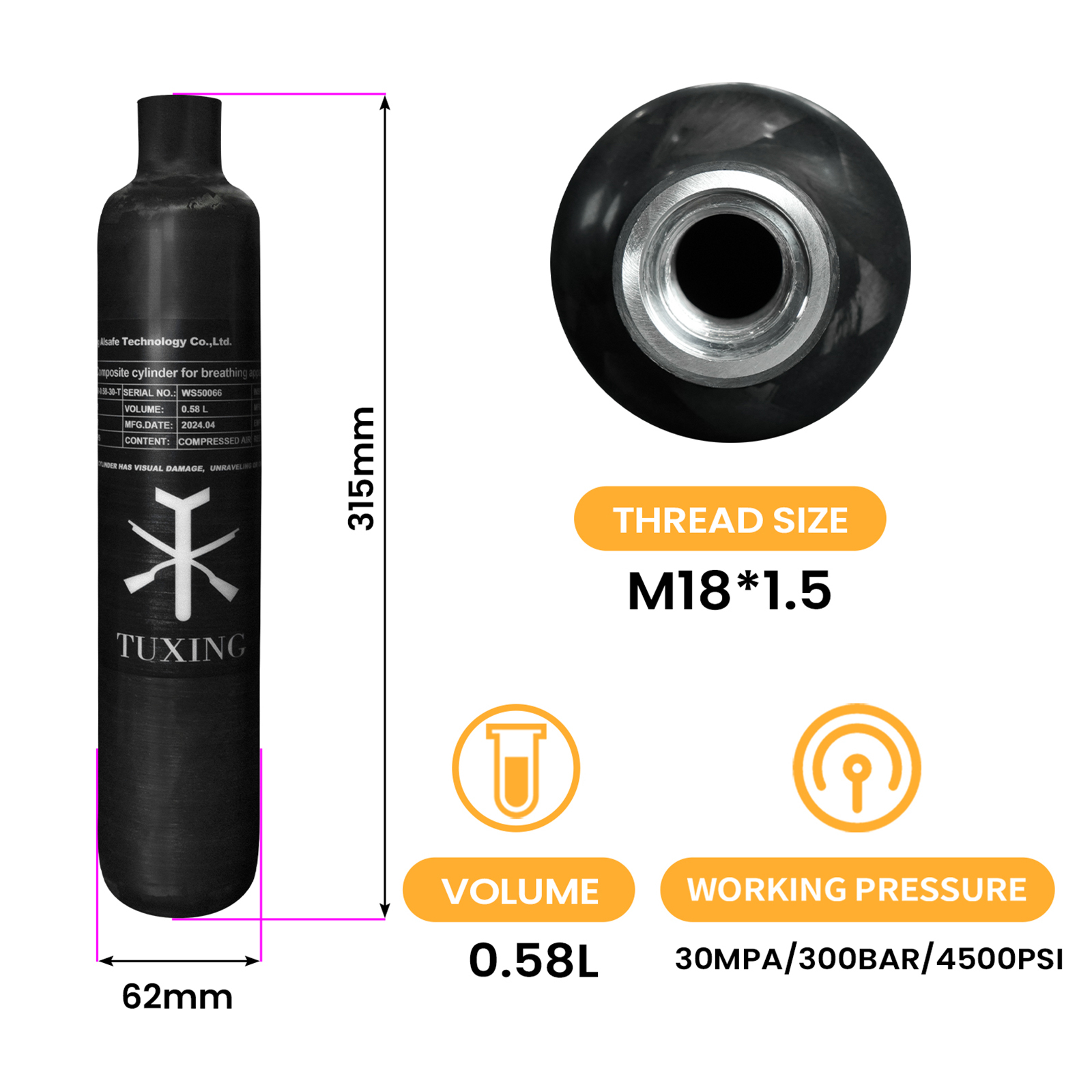 TUXING 0.58L Carbon Fiber Cylinder 4500psi/300Bar for PCP Air