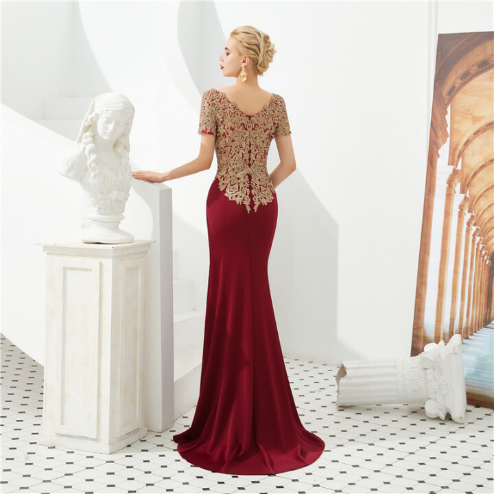 Mermaid Wine Red Long Formal Dress with Gold Sleeves