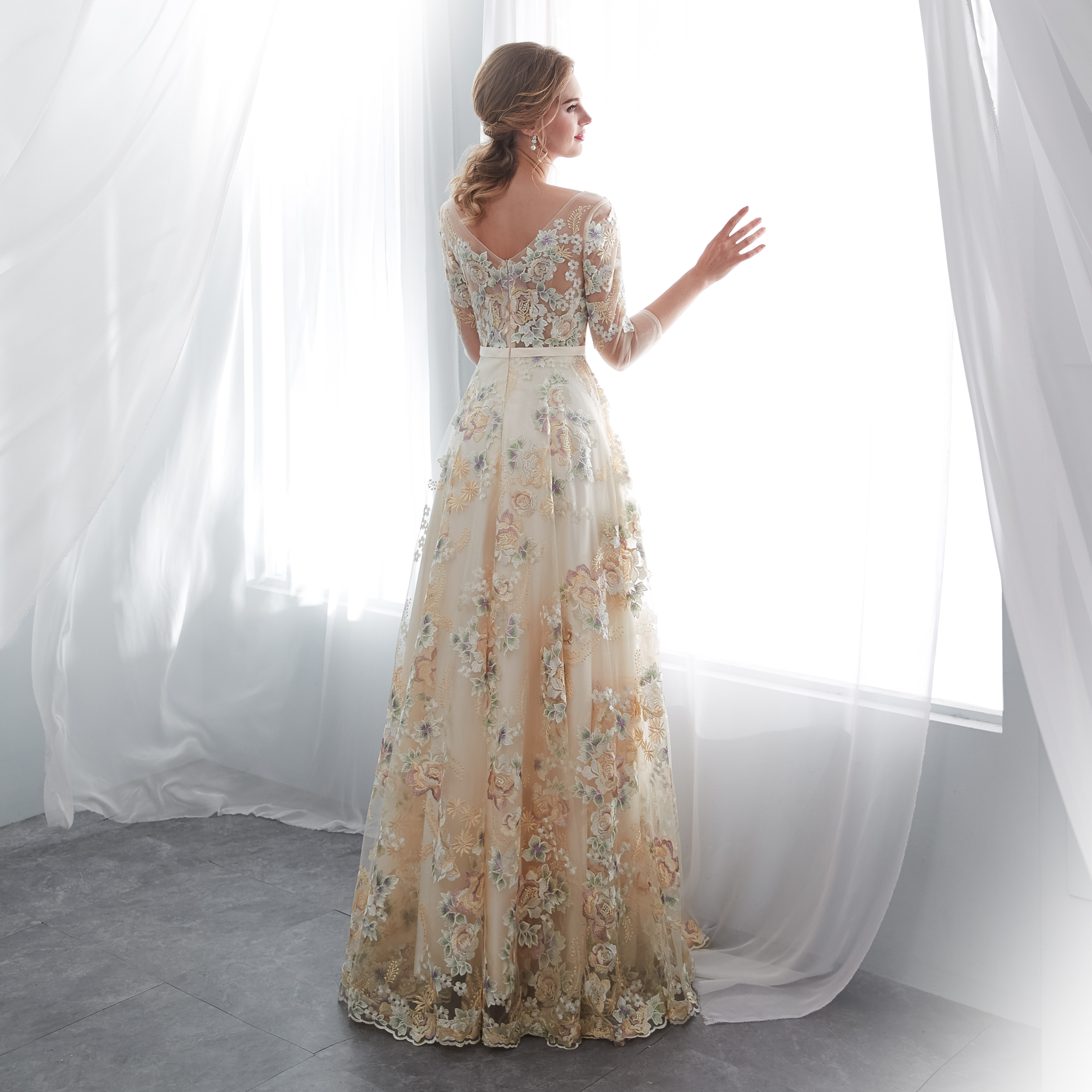 long sleeve floral formal dress