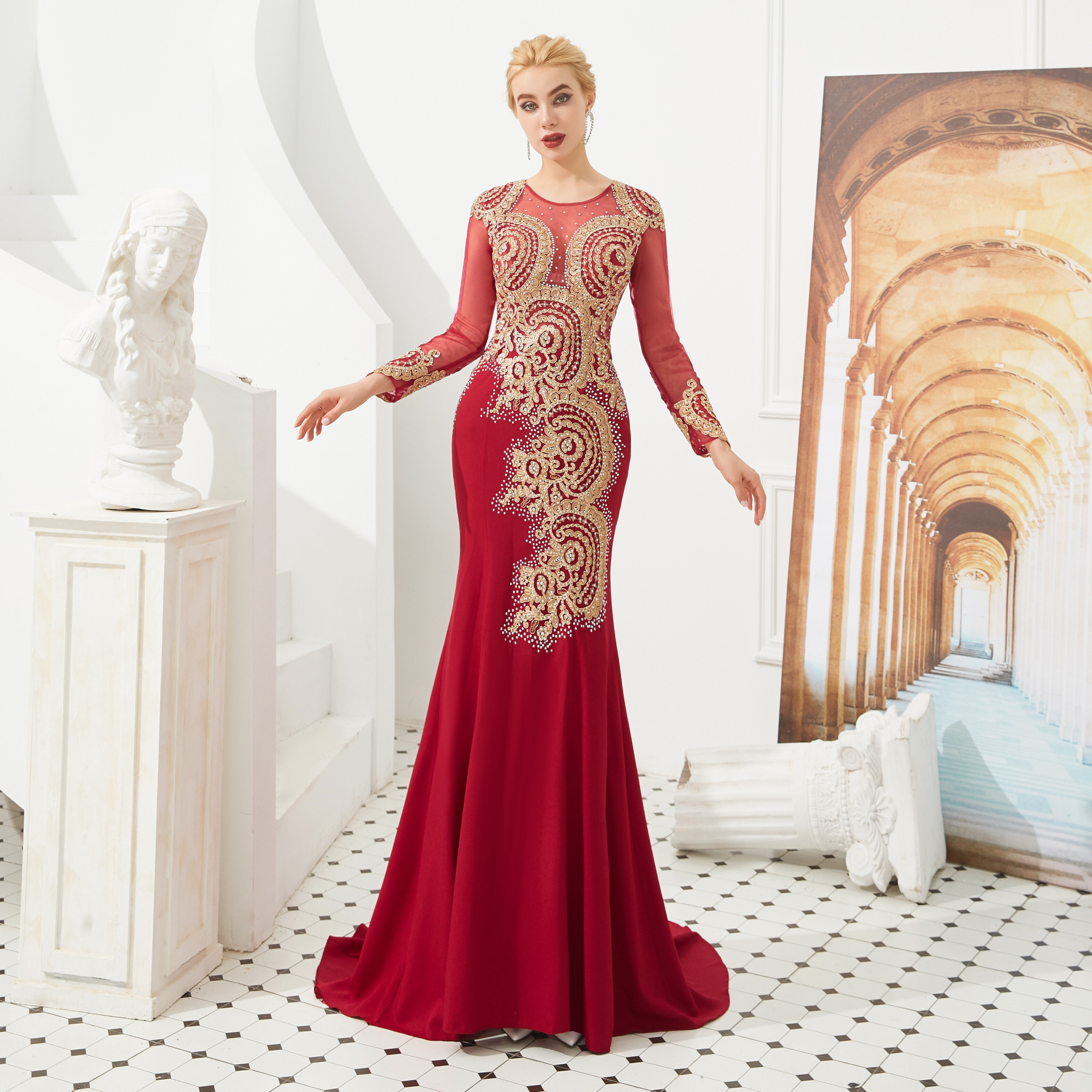 Delicate Illusion Long Sleeves Red And Gold Mermaid Long Formal Dress Delicate Illusion Long Sleeves Red And Gold Mermaid Long Formal Dress Delicate Illusion Long Sleeves Red And Gold,Ceremony Mermaid Dress,Illusion Long Sleeves Mermaid Dress,Mermaid Prom Gown Red