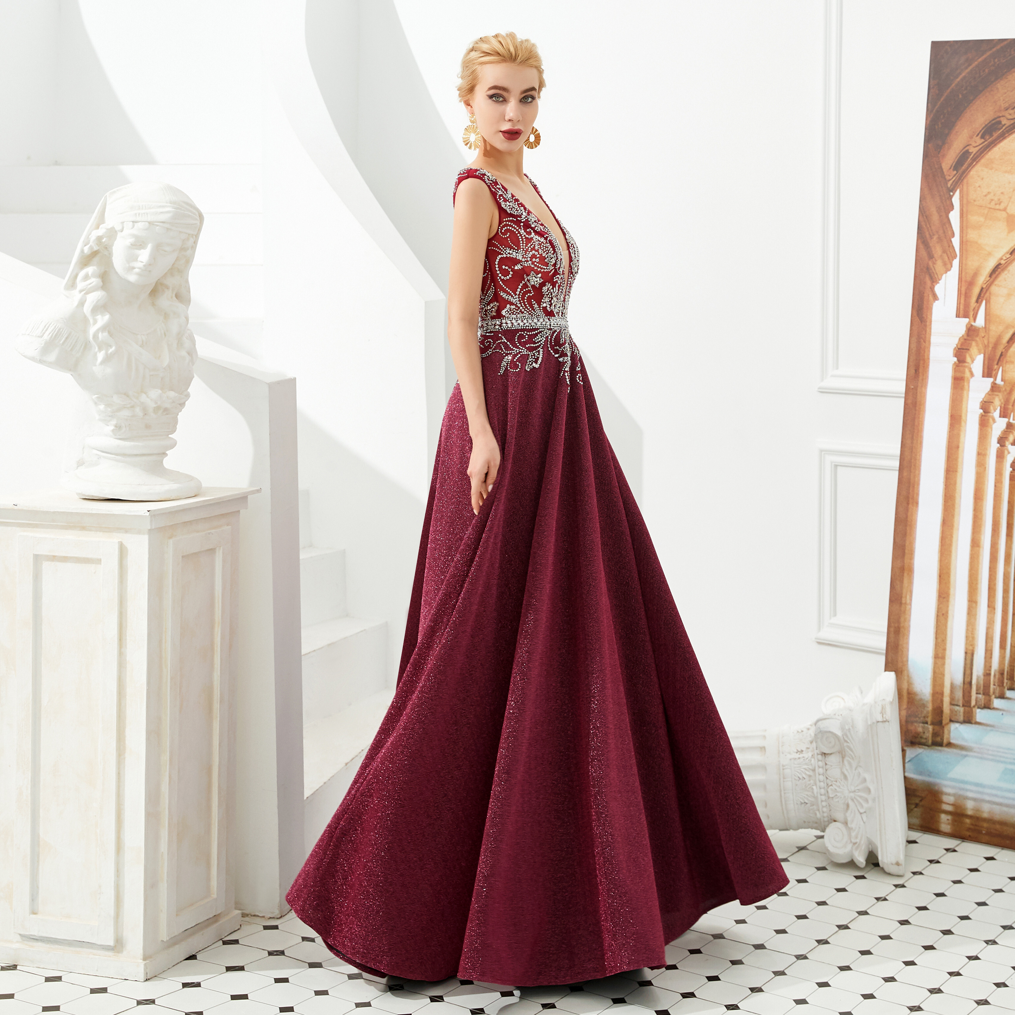 Refined Elegant V Neck Wine Red Beaded Long Prom Dress Boutique