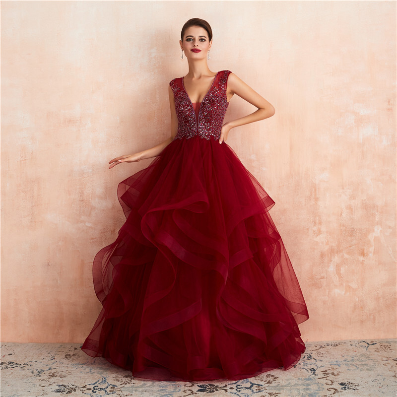 Gorgeous Beading Burgundy Formal Dress with Cascading Ruffles Gorgeous Beading Burgundy Formal Dress with Cascading Ruffles long prom dresses,2020 prom dresses,ball gown,quinceanera dresses,burgundy prom dresses,red wedding dresses