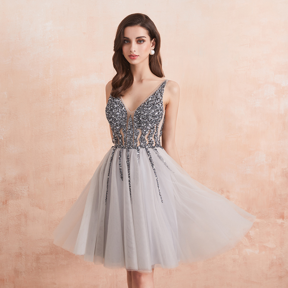 Grey A-line Short Tulle Homecoming Dress Cheap Grey A-line Short Tulle Homecoming Dress with Silver Top short grey prom dress,homecoming dress grey,cheap price homecoming dress