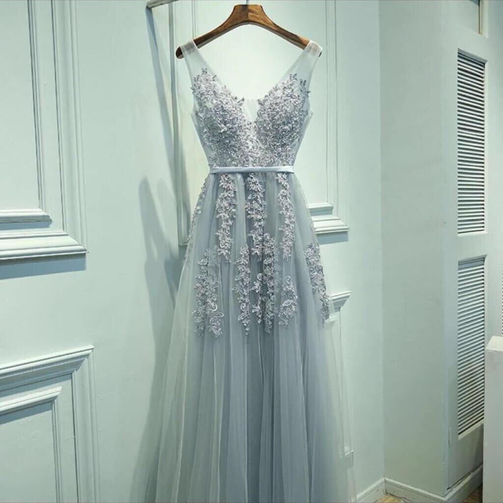 Grey A-line Tulle and Lace Appliqued Long Prom Dress?Grey A-line Tulle and Lace Appliqued Long Prom Dress?long prom dresses,2020 prom dresses,mermaid evenig dresses,black long prom dresses