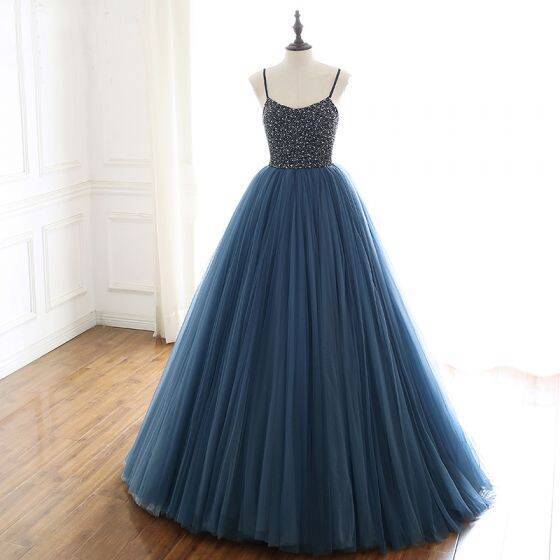 Navy Blue Tulle Ball Gown with Spaghetti Straps  Navy Blue Tulle Ball Gown with Spaghetti Straps  navy blue tulle long prom dress,2021 navy blue long prom dress