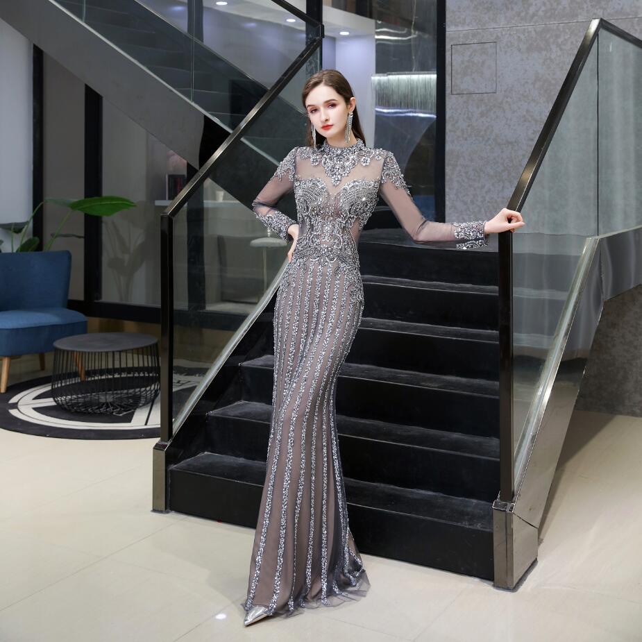 Grey Beaded Fitted Long Evening Dress with High Neck Grey Beaded Fitted Long Evening Dress with High Neck long sleeves grey formal dress,beaded mermaid long evening dress