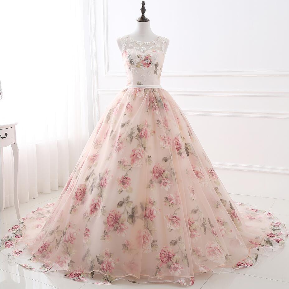 Pink Floral Scoop Tull Long Ball Gown Pink Floral Scoop Tull Long Ball Gown pink floral long ball gown,scoop long formal dress ball gown
