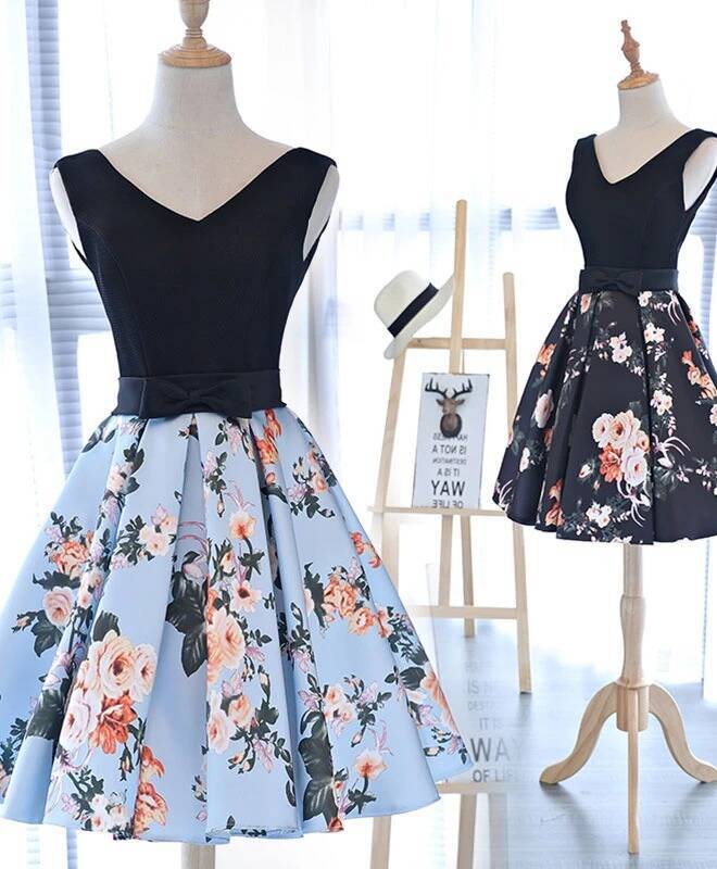 Black and Blue Floral Short Homecoming Dress Black and Blue Floral Short Homecoming Dress short blue floral homecoming dress,2020 short blue prom dress homecoming dress