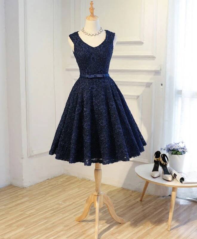 Navy Blue Lace Short Homecoming Dress with Open Back  Navy Blue Lace Short Homecoming Dress with Open Back  2021 short navy blue homecoming dress,navy blue lace short prom dress